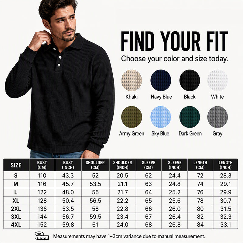 🧶 Textured Knit, Smarter Casual Style | Men's Waffle Collared Long-Sleeve Top