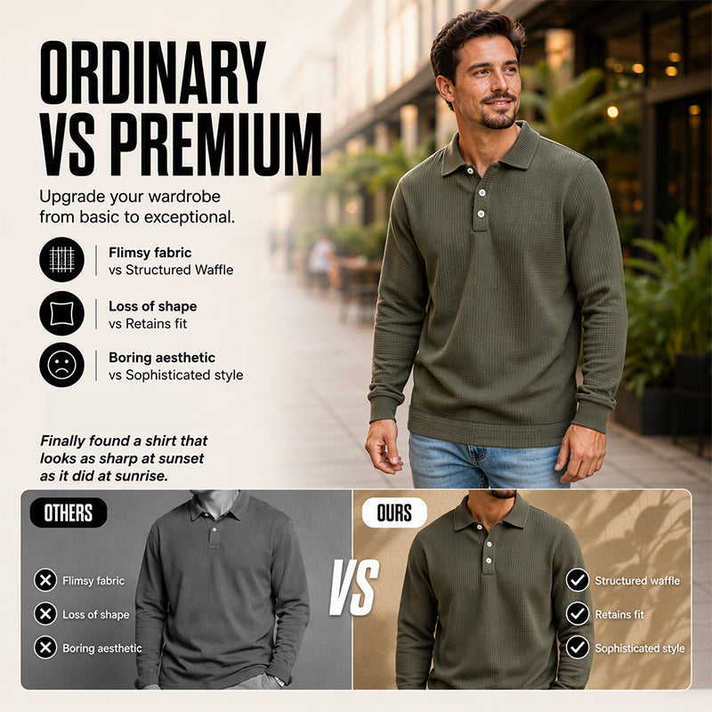 🧶 Textured Knit, Smarter Casual Style | Men's Waffle Collared Long-Sleeve Top